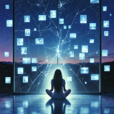 The primary subject of the image is a woman sitting in a lotus position, surrounded by a large number of blue images. The setting is a room with a glass wall, and the visual style appears to be a combination of digital art and illustration. The dominant colors in the image are blue and white, creating a serene and peaceful atmosphere.